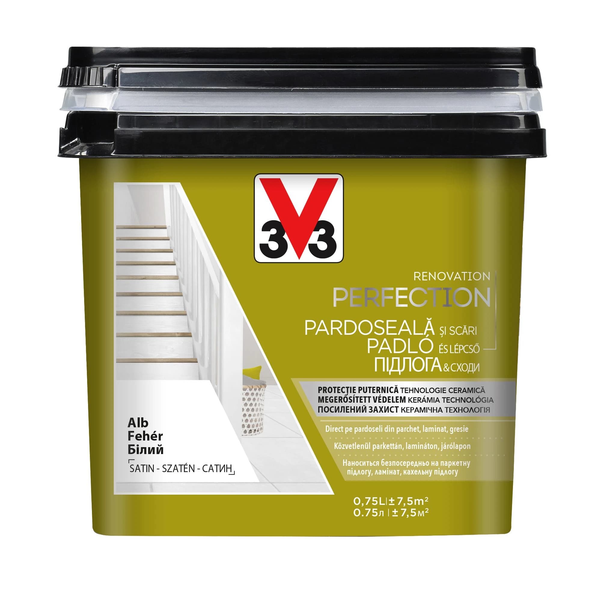 V33 RENOVATION - vopsea direct pe gresie, pardoseală de interior, lemn, suprafețe laminate – pe bază de apă, aspect satinat