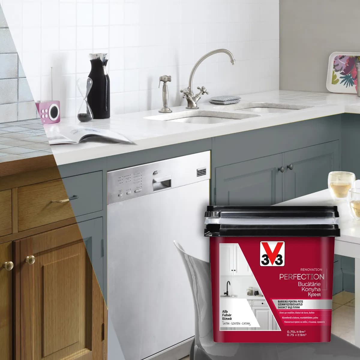 V33 RENOVATION – vopsea pentru bucătărie – direct pe pal, melaminat, lemn masiv, plastic, faianță – pe bază de apă, aspect satinat 2